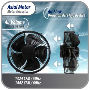 Appli Parts AXF-350 Extractor Axial 350 mm (13-3/4 pulg) 220 V, 1 ph, 50-60 Hz, 180 W, 1550 rpm, Rango Temperatura -30 C a 60 C, incluye aspa y base tipo jaula