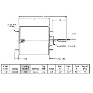 US Motors 1/3 hp 1075 rpm, 6 polos, 1 eje, TEAO Cerramiento, 1 velocidad 5.6 diametro, CCW, Lead End, Reversible, 208-230 V, 60 hz, 1 ph, 7.5 mfd/370 VAC Capacitor 1861 K055WMT1281012B