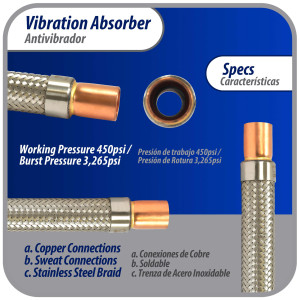 Appli Parts APVE-78 Antivibrador 7/8 pulg Soldable Eliminador de Vibracion 29cm Largo 450psi presion maxima de trabajo y 3.265psi presion de rotura