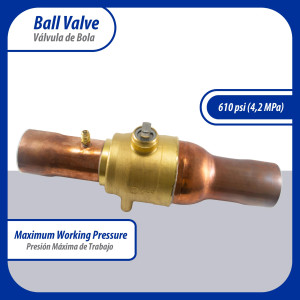 Appli Parts APBV-258 Valvula de Cierre 2-5/8 in tipo Bola de conexion soldable con puerto de servicio SAE de 1/4 in, presion maxima de trabajo 610 psi temperaturas de -30C a 120C longitud total 377mm
