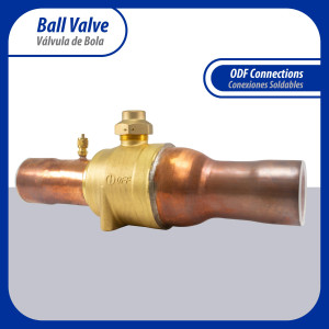 Appli Parts APBV-258 Valvula de Cierre 2-5/8 in tipo Bola de conexion soldable con puerto de servicio SAE de 1/4 in, presion maxima de trabajo 610 psi temperaturas de -30C a 120C longitud total 377mm