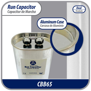 Appli Parts Run Capacitor for ac 15 Mfd uF (microfarads) 370VAC CBB65 Oval Universal fit for hvac and other applications 2-7/8in Wide 1-7/8in Depth 3-1/4in High CON-15-370 