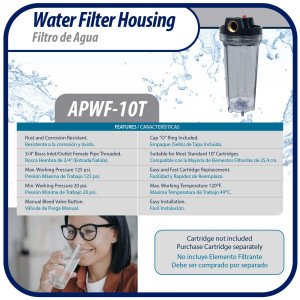 Appli Parts APWF-10T Filtro de Agua de 10 pulg color Transparente con Conector Hembra de 3/4 pulg de Bronce (No incluye el elemento filtrante)