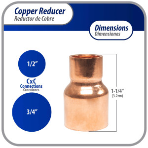 Appli Parts AP-R034012 Reductor de Cobre de 3/4x1/2 pulg Conexiones CxC soldadas para aplicaciones de refrigeracion, aire acondicionado y plomeria Tuberia de cobre ACR y Tipo L