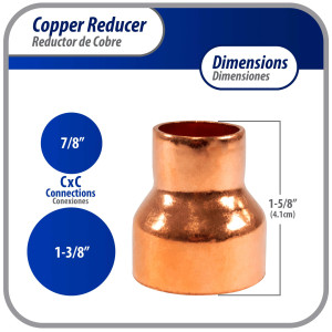Appli Parts AP-R138078 Reductor de Cobre de 1-3/8x7/8 pulg Conexiones CxC soldadas para aplicaciones de refrigeracion, aire acondicionado y plomeria Tuberia de cobre ACR y Tipo L