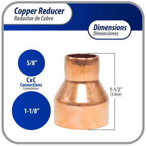 Appli Parts AP-R118058 Reductor de Cobre de 1-1/8x5/8 pulg Conexiones CxC soldadas para aplicaciones de refrigeracion, aire acondicionado y plomeria Tuberia de cobre ACR y Tipo L