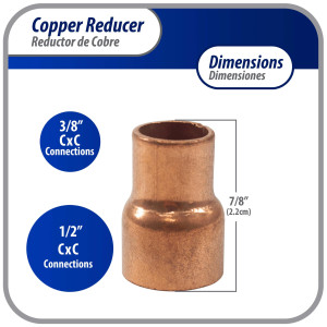 Appli Parts AP-R012038 Reductor de Cobre de 1/2x3/8 pulg Conexiones CxC soldadas para aplicaciones de refrigeracion, aire acondicionado y plomeria Tuberia de cobre ACR y Tipo L
