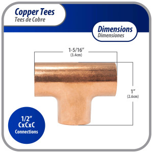 Appli Parts AP-T012 1/2 in Wrot Copper Tee 1/2in CxCxC connections for refrigeration, air conditioning and plumbing applications ACR and Type L copper pipe