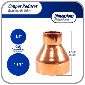 Appli Parts AP-R138058 Reductor de Cobre de 1-3/8x5/8 pulg Conexiones CxC soldadas para aplicaciones de refrigeracion, aire acondicionado y plomeria Tuberia de cobre ACR y Tipo L