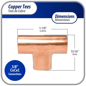 Appli Parts AP-T038 3/8 in Wrot Copper Tee CxCxC connections for refrigeration, air conditioning and plumbing applications ACR and Type L copper pipe