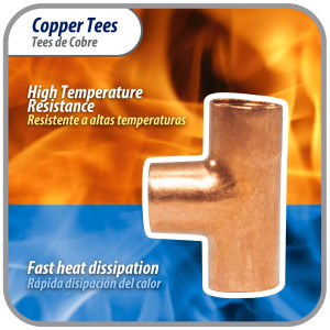 Appli Parts AP-T014 1/4 in Wrot Copper Tee CxCxC connections for refrigeration, air conditioning and plumbing applications ACR and Type L copper pipe