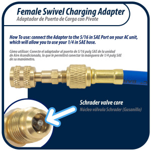 Appli Parts APCA-51614S  Adaptador de Carga 5/16 pulg Hembra x 1/4 pulg Macho, SAE, R410 Mini Split con Pivote, valvula Gusanillo y depresor