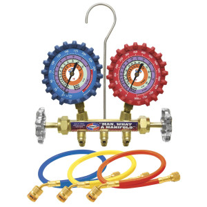 Uniweld QS8N5SMEZ Juego de Manometro con Cuerpo de Laton de 3-1/8 pulg NPF, juego de mangueras de 5 pies EZ-Turn Anti-Blowback, para R-410A,R-22,R-404A,R-134a, escalas F y PSI 48672