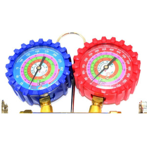 Uniweld QS8N5SMEZ Juego de Manometro con Cuerpo de Laton de 3-1/8 pulg NPF, juego de mangueras de 5 pies EZ-Turn Anti-Blowback, para R-410A,R-22,R-404A,R-134a, escalas F y PSI 48672