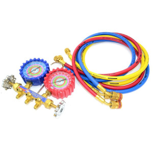 Uniweld QS8N5SMEZ Juego de Manometro con Cuerpo de Laton de 3-1/8 pulg NPF, juego de mangueras de 5 pies EZ-Turn Anti-Blowback, para R-410A,R-22,R-404A,R-134a, escalas F y PSI 48672