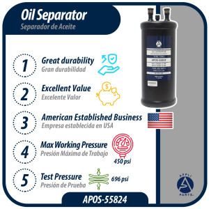 Appli Parts APOS-55824 1/2 in ODF Oil Separator, compatible with CFC,HCFC,HFC,R22,R407C,R502,R134a,R404A,R507, Working temperature 14 F to 266 F