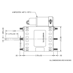 US Motor 9721 1/12 1/15 1/20Hp 1550 rpm, 4 poles, 1 shaft, OAO Enclosure, 3.3 diameter, Reversible, 115V-230V/50/60Hz/1Ph 9721 K033DGV1434014B 3.78in frame, 3.25in shaft

